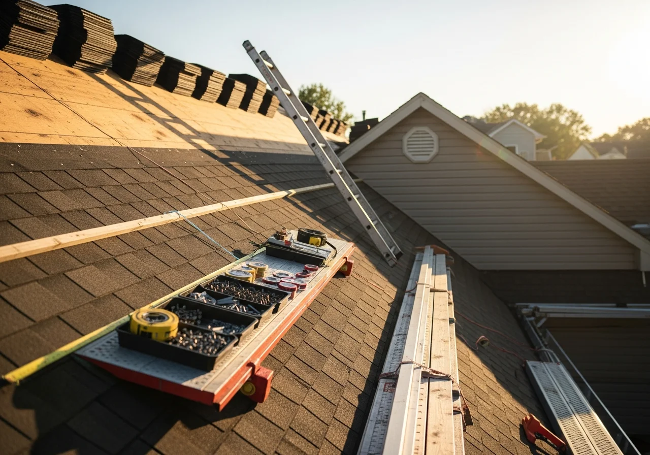 Roofing crew with tools and equipment staged on a residential roof, showing active work setup.