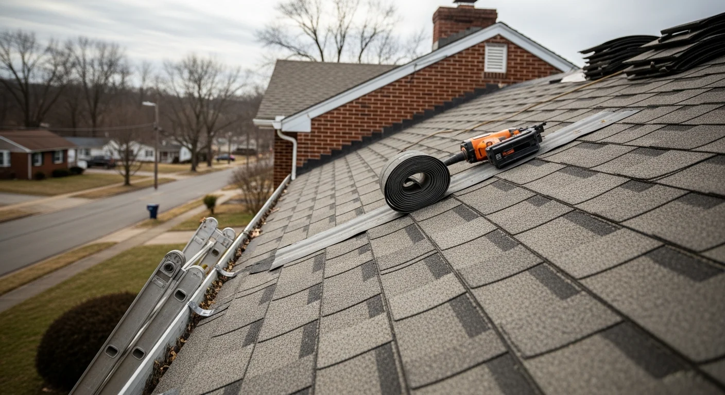 Professional roofer installing shingles on residential home