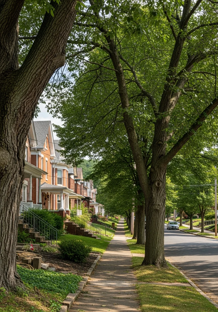 Wheeling residential neighborhood with established homes and tree-covered streets.