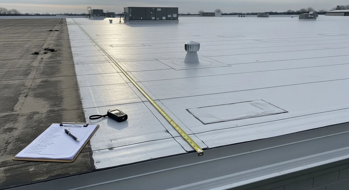 A commercial flat roof on a Wintersville, Ohio business property showing a completed membrane installation with clean seams and proper drainage slope. The surrounding Jefferson County landscape is visible in the background.