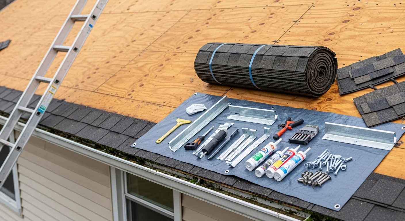 A Wintersville Ohio residential roof with repaired shingles and sealed flashing after storm damage. A Fast Roofing crew member inspects the completed emergency repair on a ranch-style home.