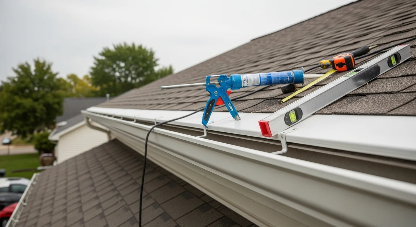New fascia board installed along the roofline edge of a residential home in Wintersville, Ohio, with gutters re-mounted flush against the finished board. Close view shows clean trim line where the fascia meets the roofing shingles above and the siding below.