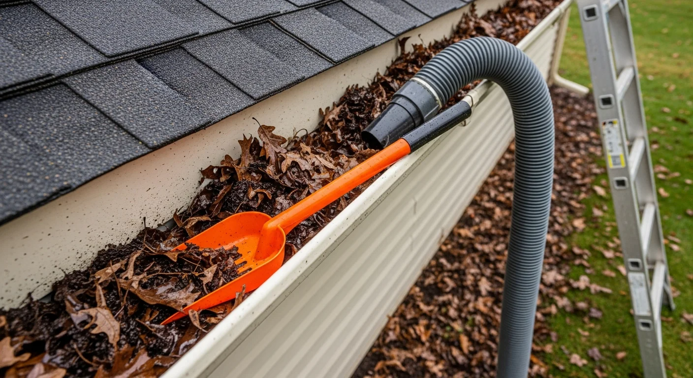 A Fast Roofing technician removing packed leaves and debris from a residential gutter on a ranch-style home in Wintersville, Ohio. The cleaned gutter section shows clear, open channels ready to direct water away from the roofline and foundation.
