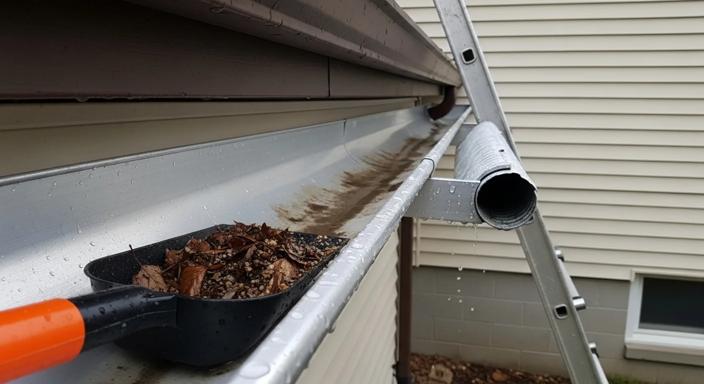 A Fast Roofing technician clearing debris from the gutters of a bi-level home in Wintersville, Ohio. The downspout runs cleanly along the exterior wall with no overflow or staining visible on the siding.