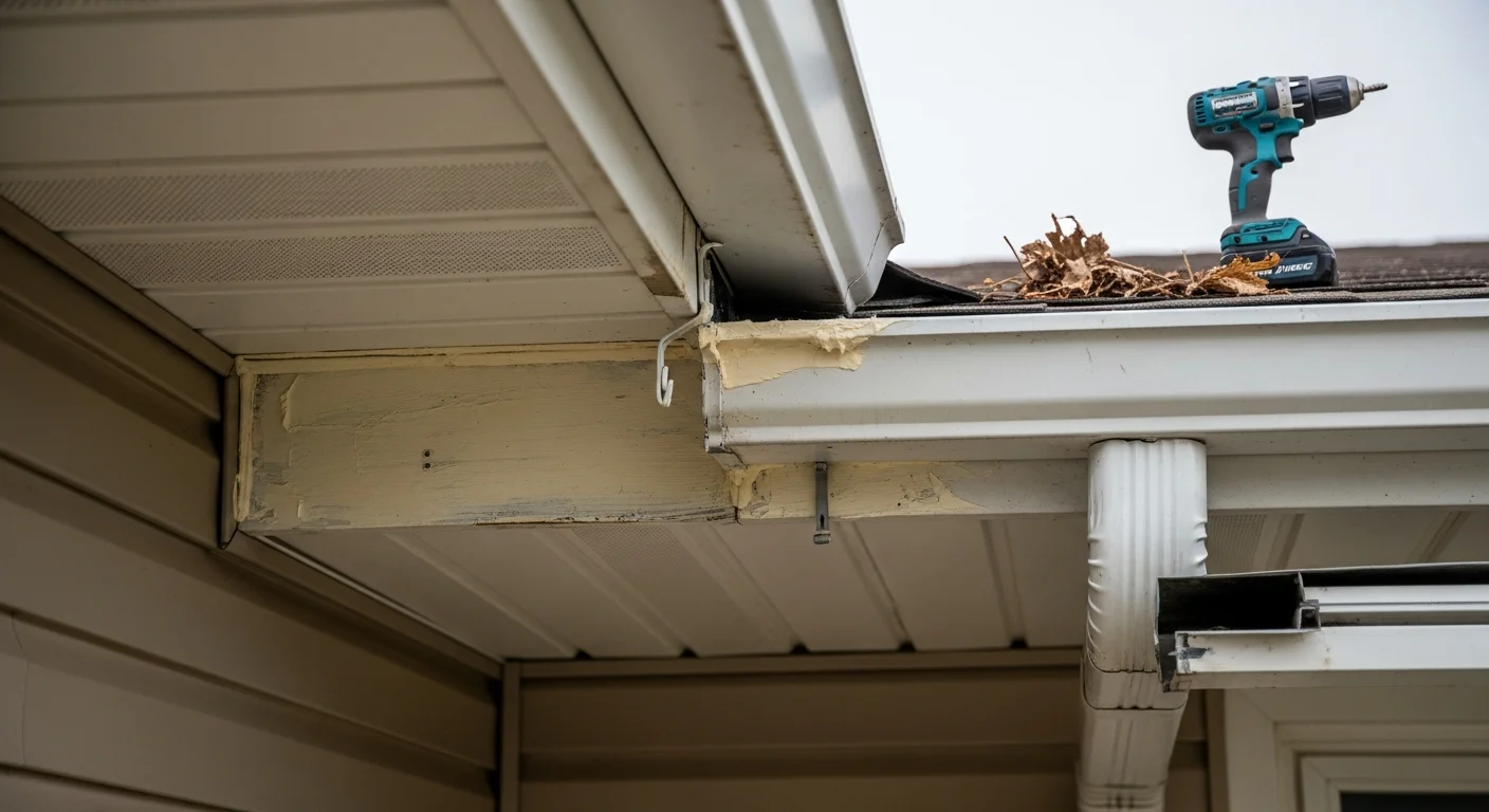 A Fast Roofing technician reattaching a sagging gutter section on a ranch-style home in Wintersville, Ohio. The repaired gutter runs flush against the fascia board with a downspout directing water away from the foundation.