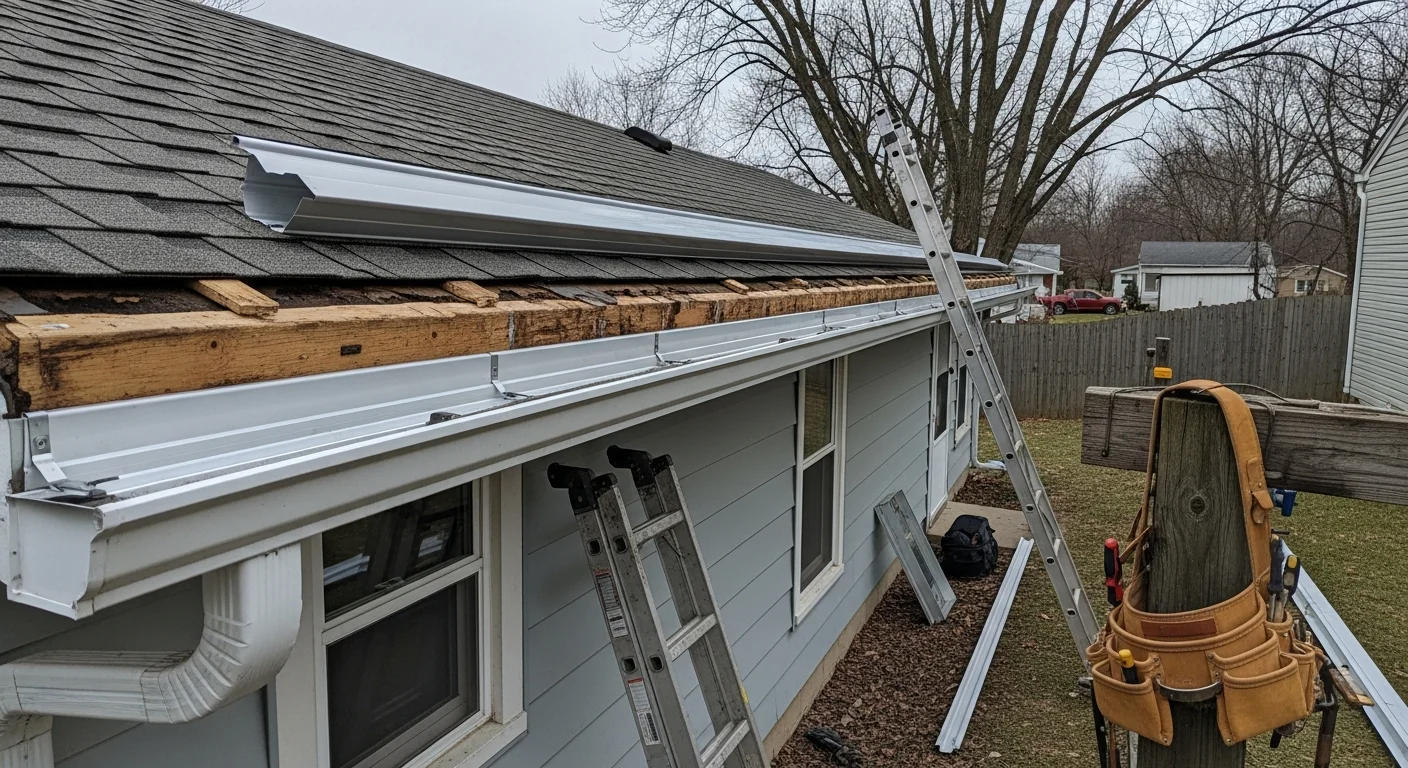 New gutters freshly installed along the roofline of a bi-level home in Wintersville, Ohio. Water channels run cleanly from the downspout toward the yard, away from the home's foundation.