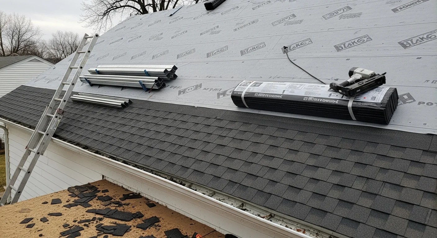 A completed residential roof installation on a postwar-era home in Wintersville, Ohio, showing a clean ridgeline and uniform slope coverage. The finished roof sits against a partly cloudy Ohio sky with no visible debris or open sections.