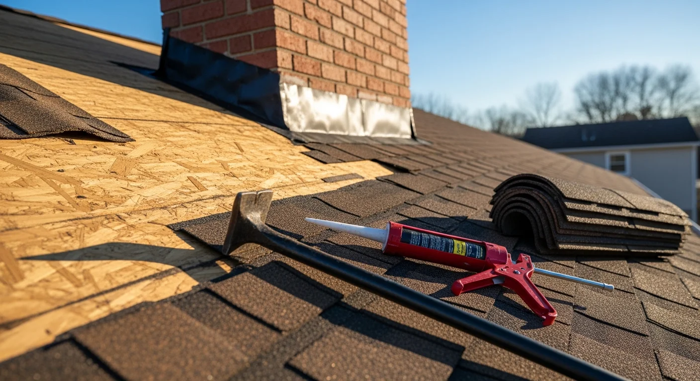 A Fast Roofing crew repairing storm-damaged shingles and flashing on a bi-level home in Wintersville, Ohio. Close-up view shows replaced shingles and resealed chimney flashing on a residential roof after wind and ice damage.