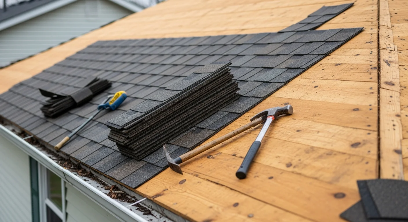 A completed roof replacement on a single-story gable-roof home in Wintersville, Ohio, showing new shingles installed across the full roofline. Jefferson County residential street visible in the background.