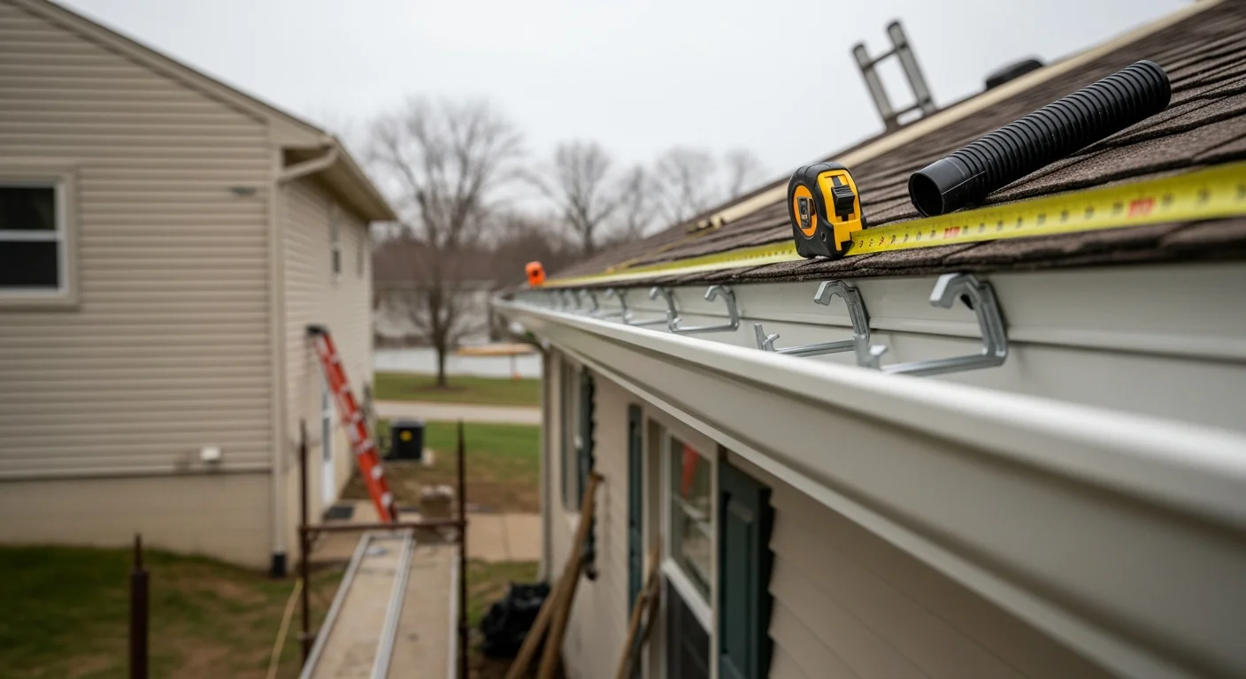 A seamless gutter system installed along the roofline of a ranch-style home in Wintersville, Ohio. The continuous aluminum run connects to a downspout that directs water away from the home's foundation.