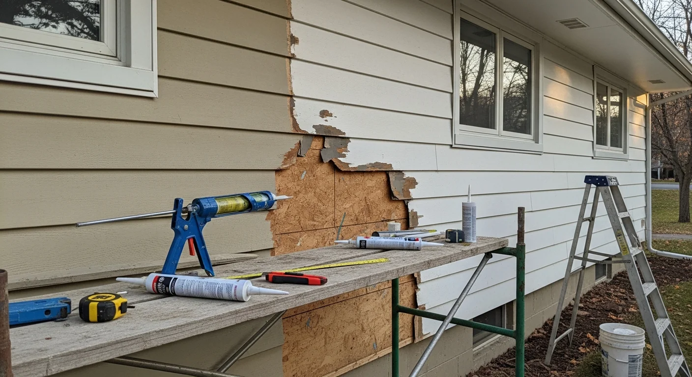 A repaired section of exterior siding on a ranch-style home in Wintersville, Ohio, with sealed panel seams and tight corner trim. The repaired wall section shows no gaps or warping against a backdrop of a residential Wintersville street.