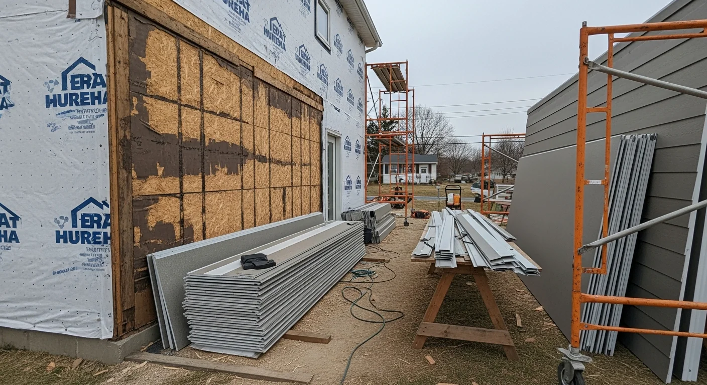 A Wintersville, Ohio home with newly installed exterior siding, showing clean panel lines and finished trim around windows and corners. The completed re-side reveals tight flashing details and a uniform surface across the full front and side walls of the house.