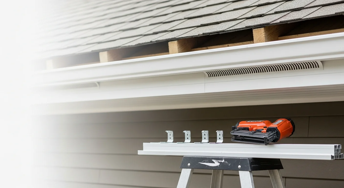 Newly installed vented soffit panels along the roofline of a ranch-style home in Wintersville, Ohio. The white panels run flush under the eaves with no gaps, showing clean fascia and finished corners.